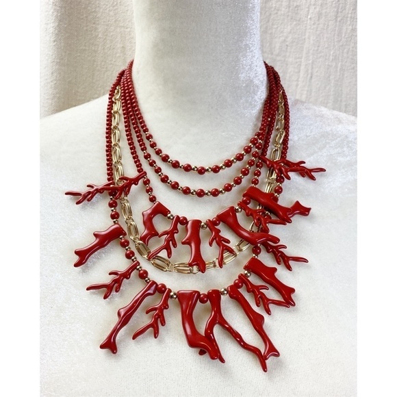 Multi Strand Layered Faux Coral Gold Chain Necklace - Picture 1 of 6
